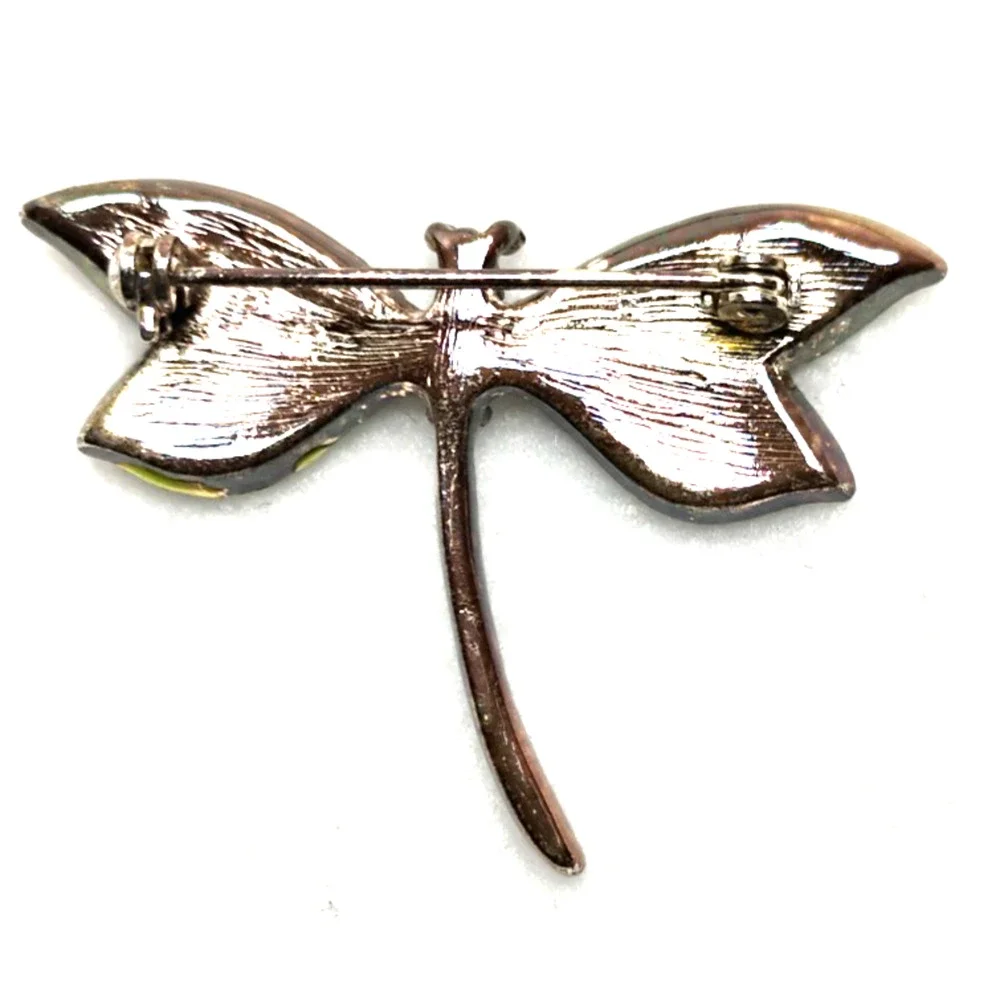 Green Enamel Dragonfly Brooch Pin Figural Rhinestone Wings Whimsical